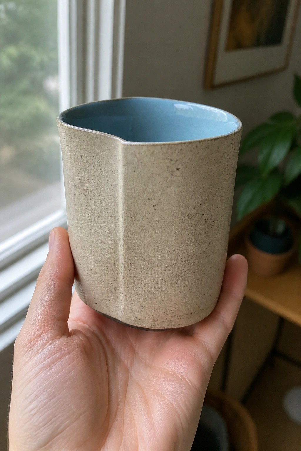 Hand holding speckled beige ceramic cup with blue interior and spout near window