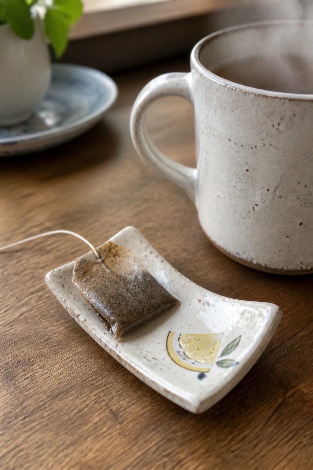 Steaming ceramic mug beside used tea bag on lemon-illustrated dish atop wooden table