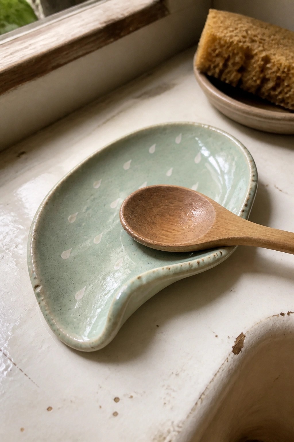 A light green ceramic spoon rest with white teardrop patterns holds a wooden spoon on a white windowsill.