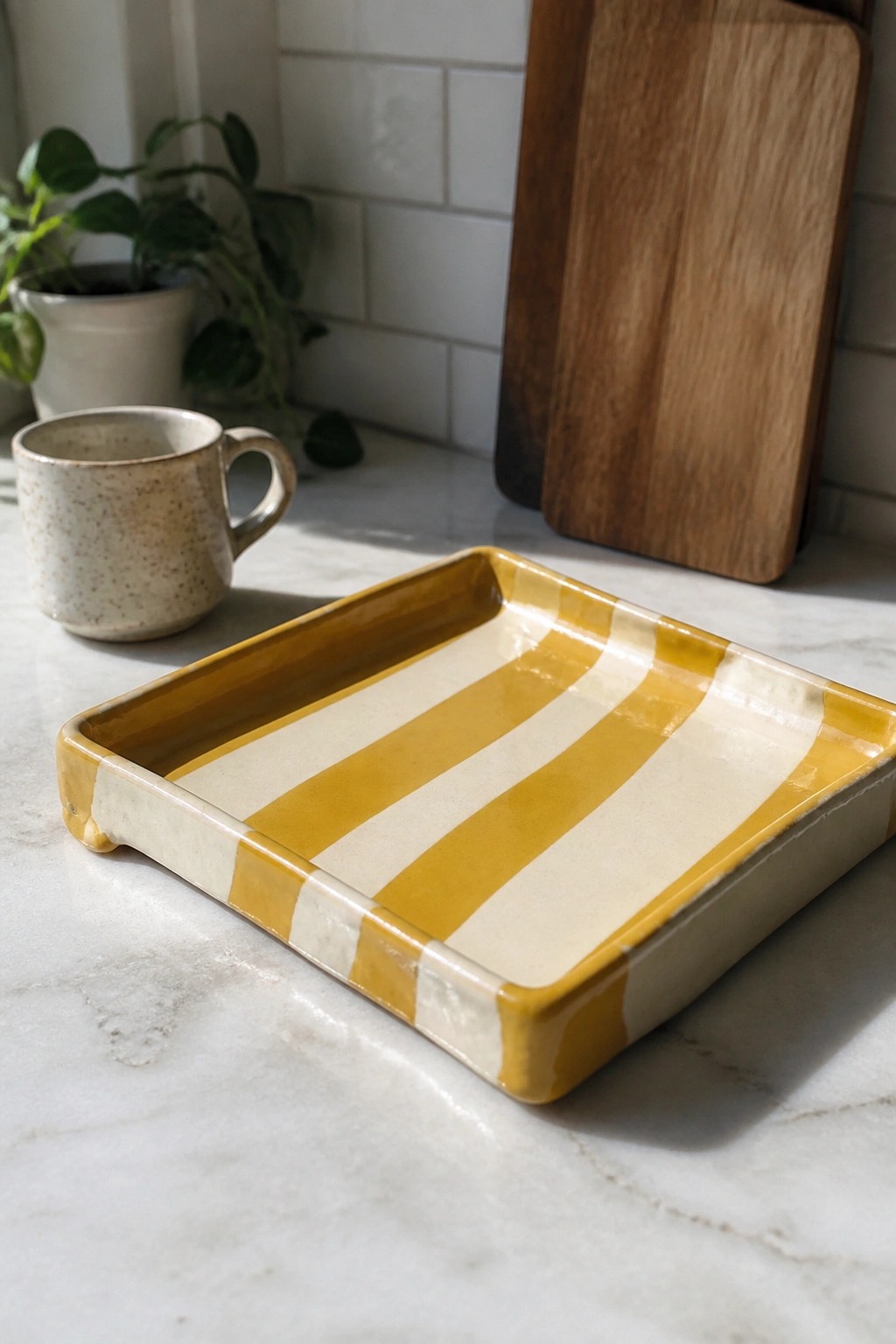 Yellow and white striped ceramic tray on marble kitchen counter
