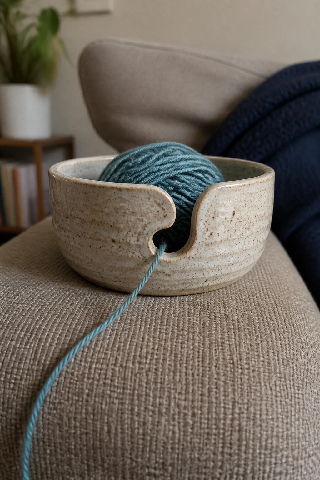Ceramic yarn bowl with teal yarn on beige couch, strand hanging out