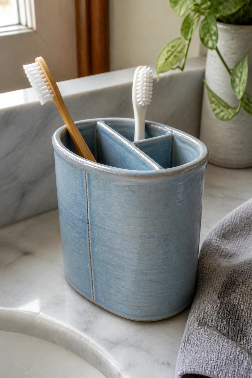 Blue ceramic divided holder holding bamboo and white toothbrushes on marble counter