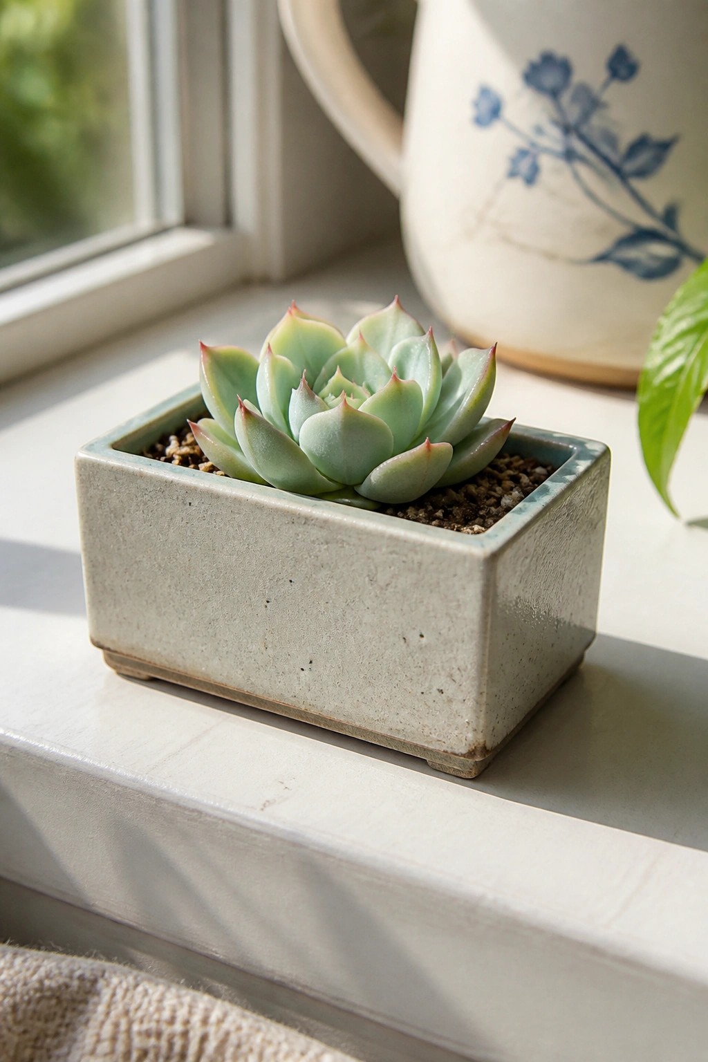 Light green succulent in rectangular ceramic pot on bright windowsill with pitcher behind
