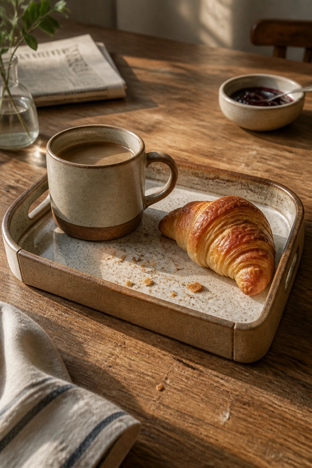 Ceramic coffee mug and flaky croissant on rustic wooden tray with jam bowl