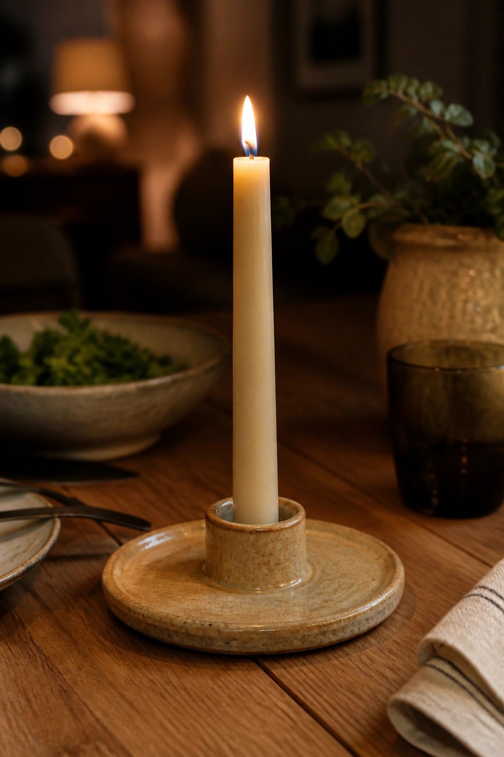 Lit cream candle in speckled ceramic holder on rustic wooden table with dishes