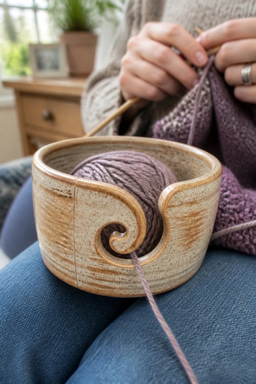 Hands knitting purple yarn from a spiral ceramic bowl on blue jeans