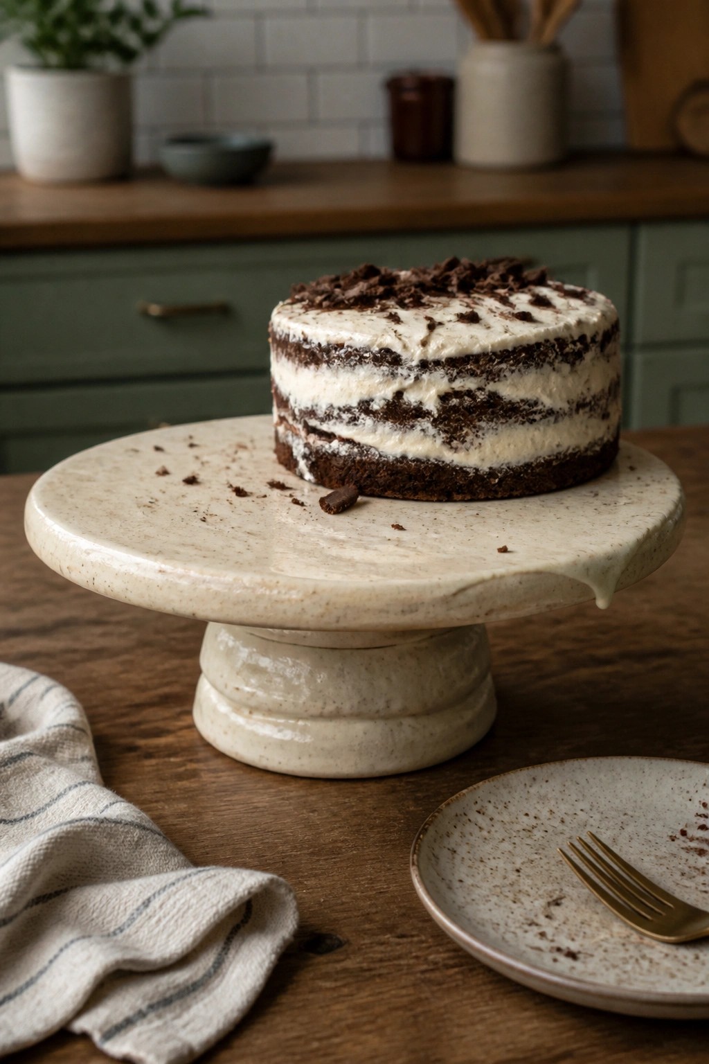 Layered chocolate cake with white frosting on beige pedestal stand beside gold fork.