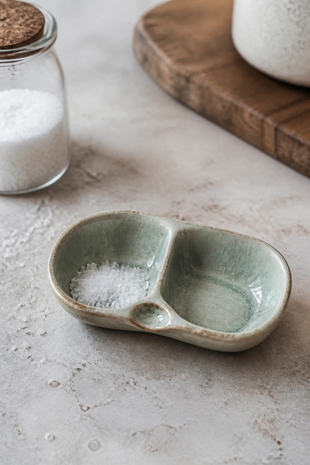 Green ceramic two-compartment dish with salt on marble beside glass jar