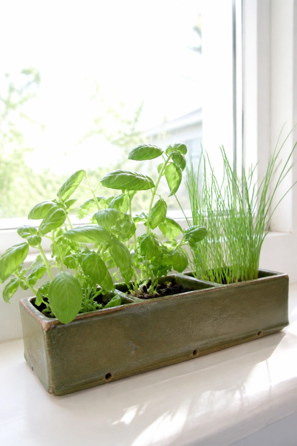 Green rectangular planter with basil and chives on sunny windowsill