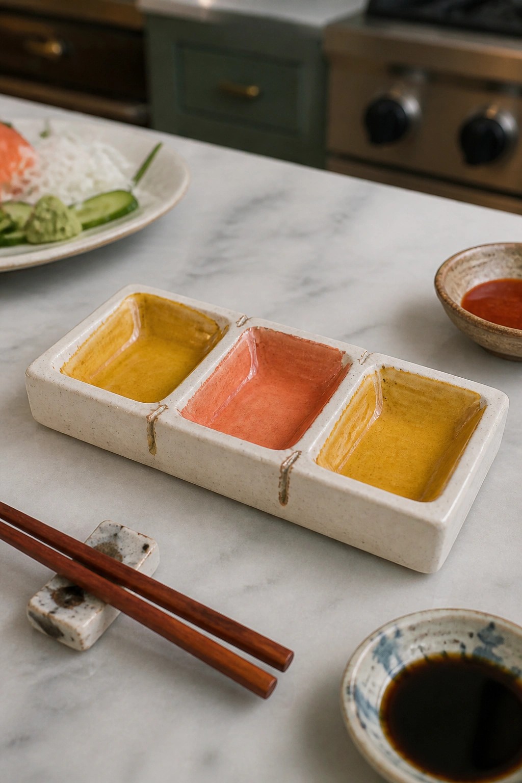 Ceramic three-section dish with yellow and red sauces beside chopsticks on marble counter