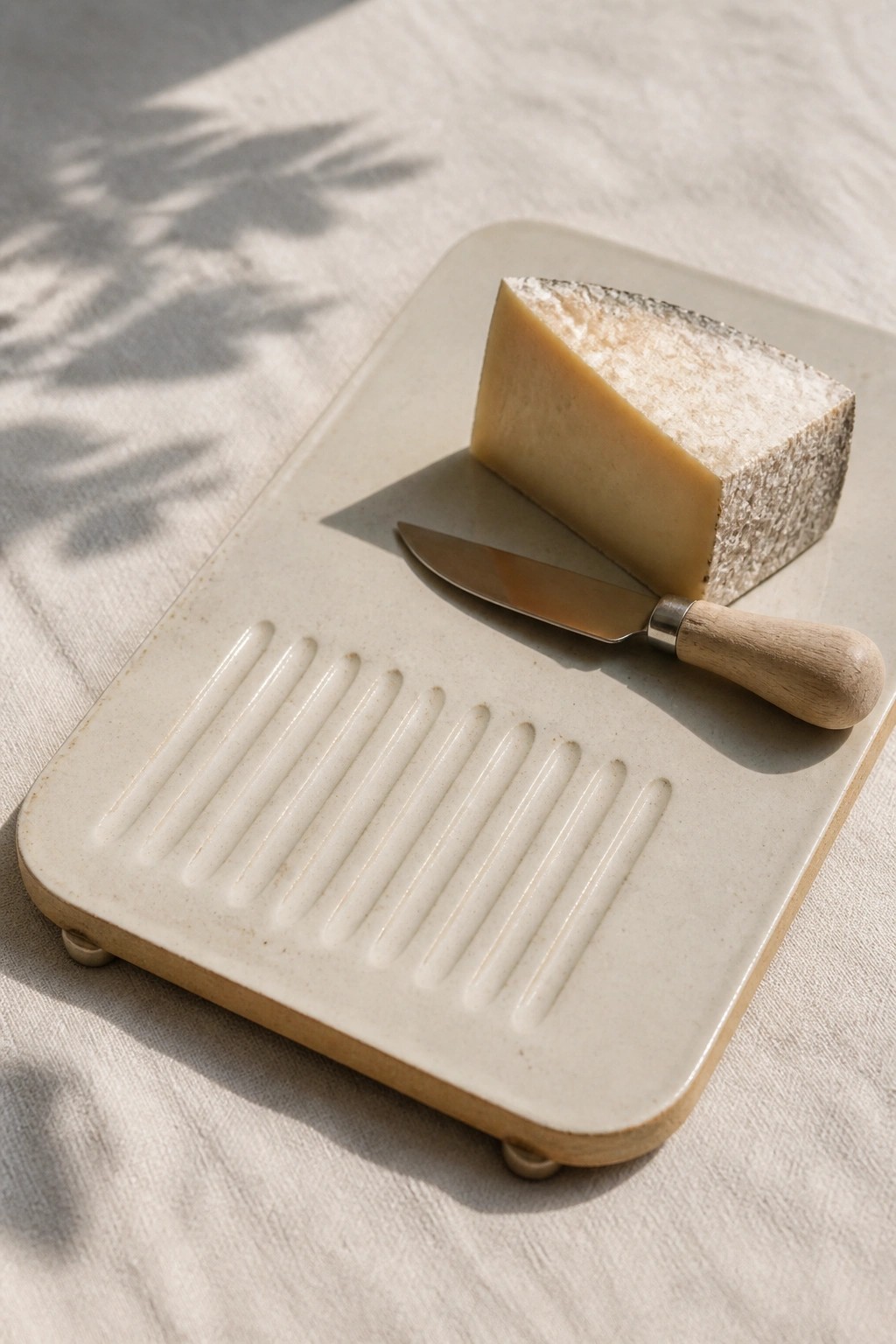 Wedge of cheese with knife on ridged ceramic tray over linen cloth
