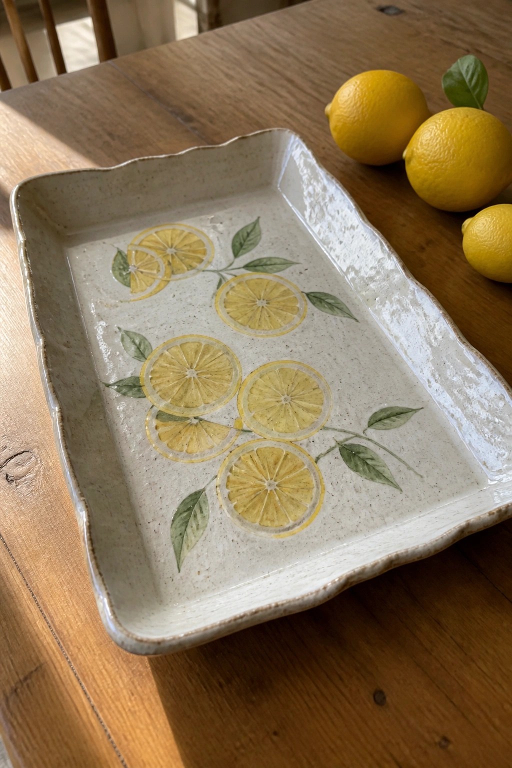 Speckled ceramic platter with lemon slices and leaves on wooden table