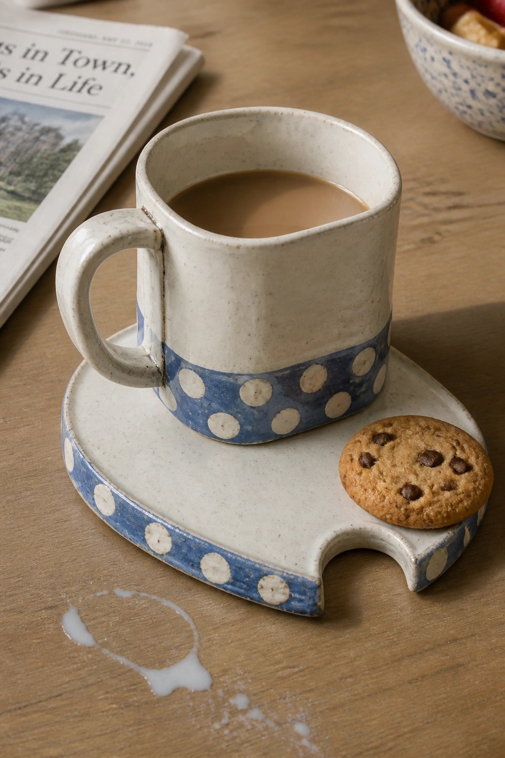 Blue polka-dotted mug on saucer with cookie and spilled milk on table