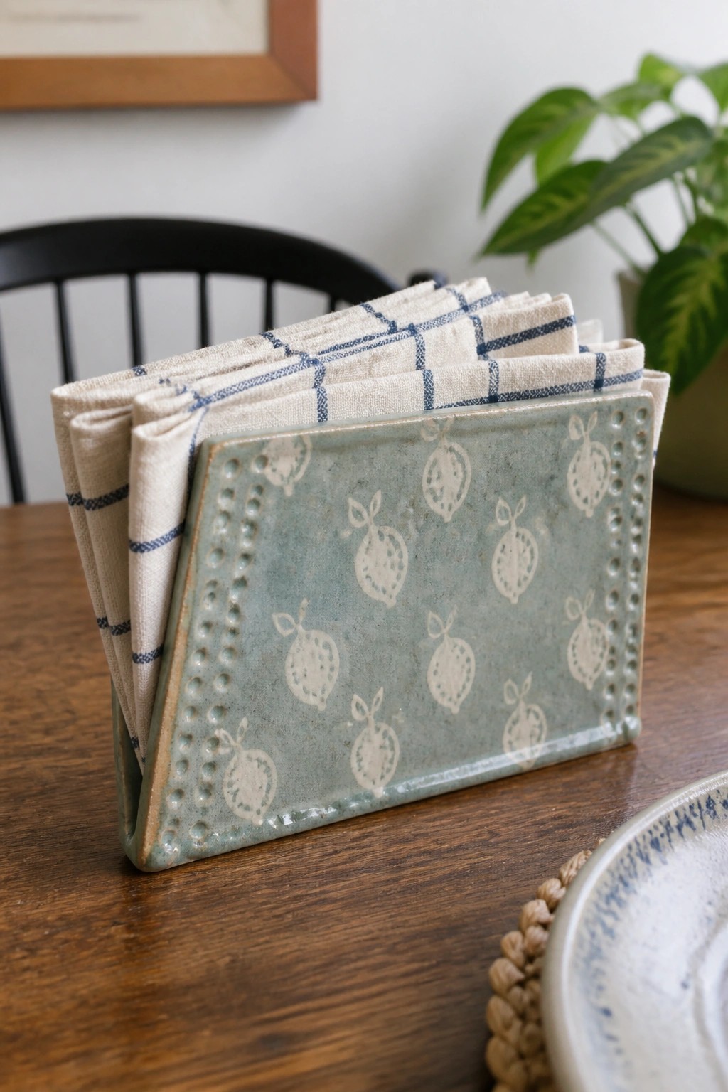 Ceramic napkin holder in blue-green with fruit stamps holding checkered linens on wooden table