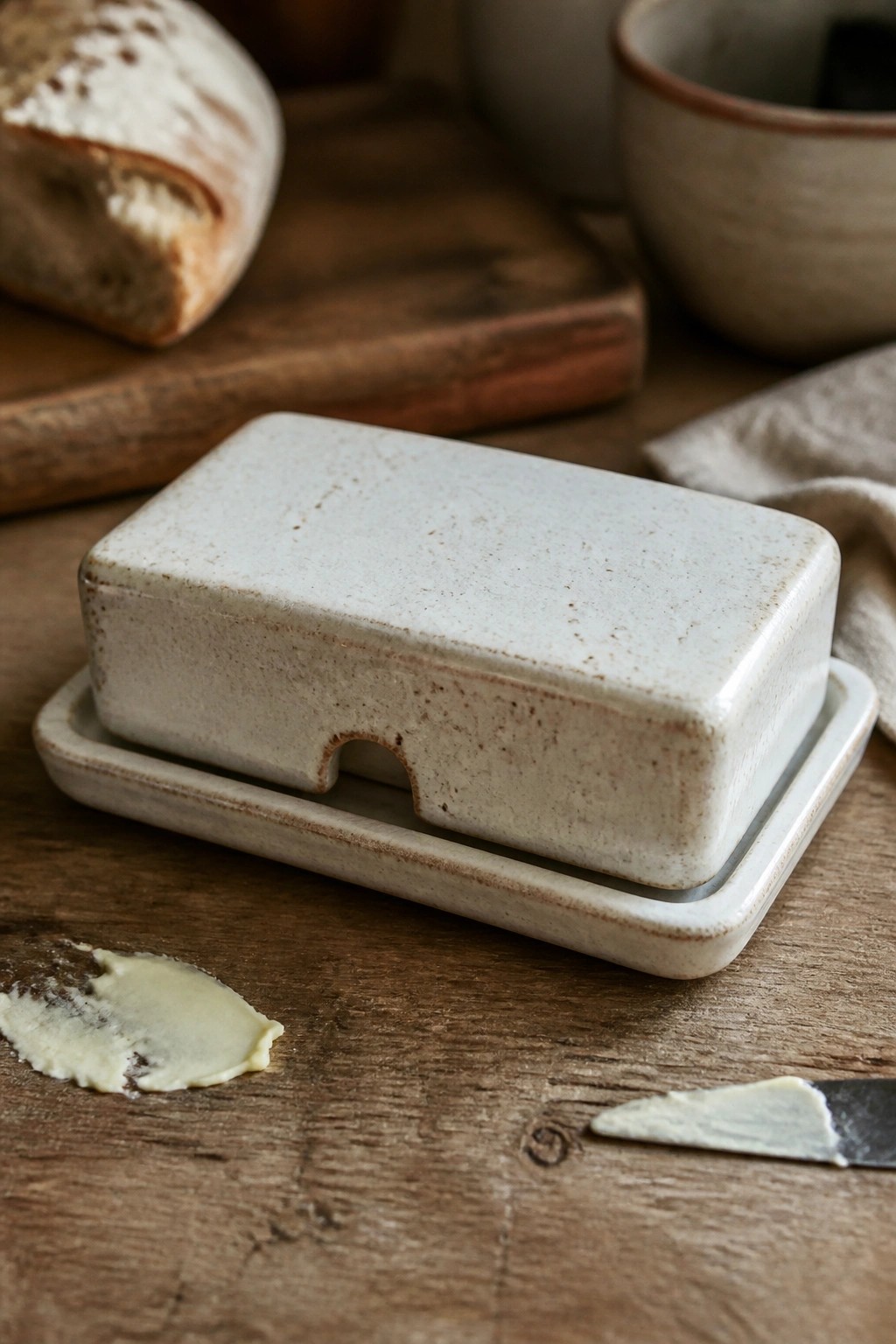 Off-white ceramic butter dish with lid on wooden table beside butter and knife
