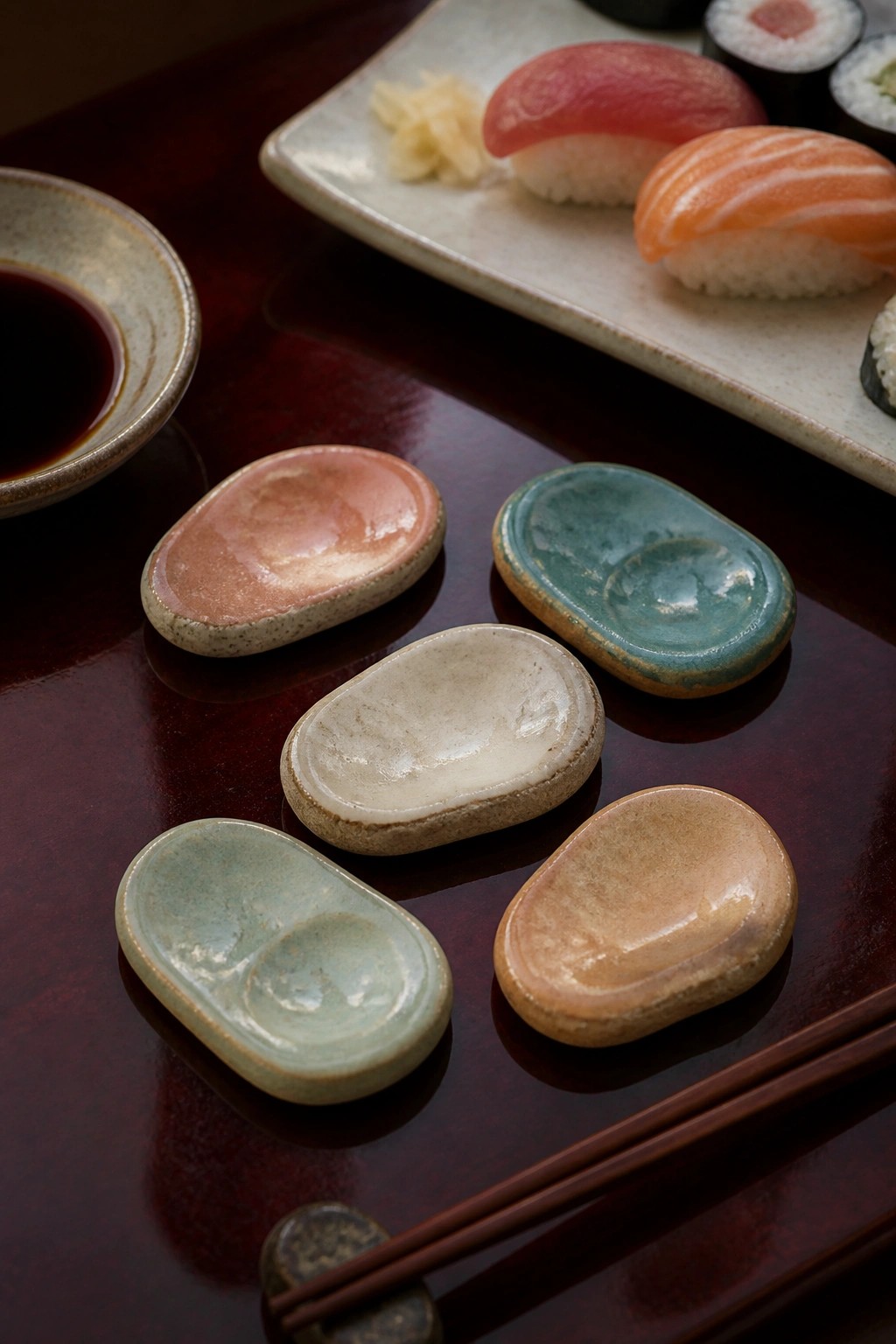 Colorful oval ceramic dishes beside sushi platter, soy sauce, and chopsticks on dark wood.