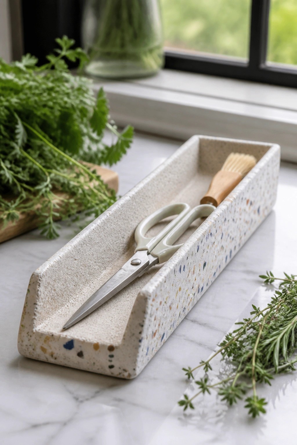 Speckled rectangular tray with scissors and brush on marble countertop with fresh herbs