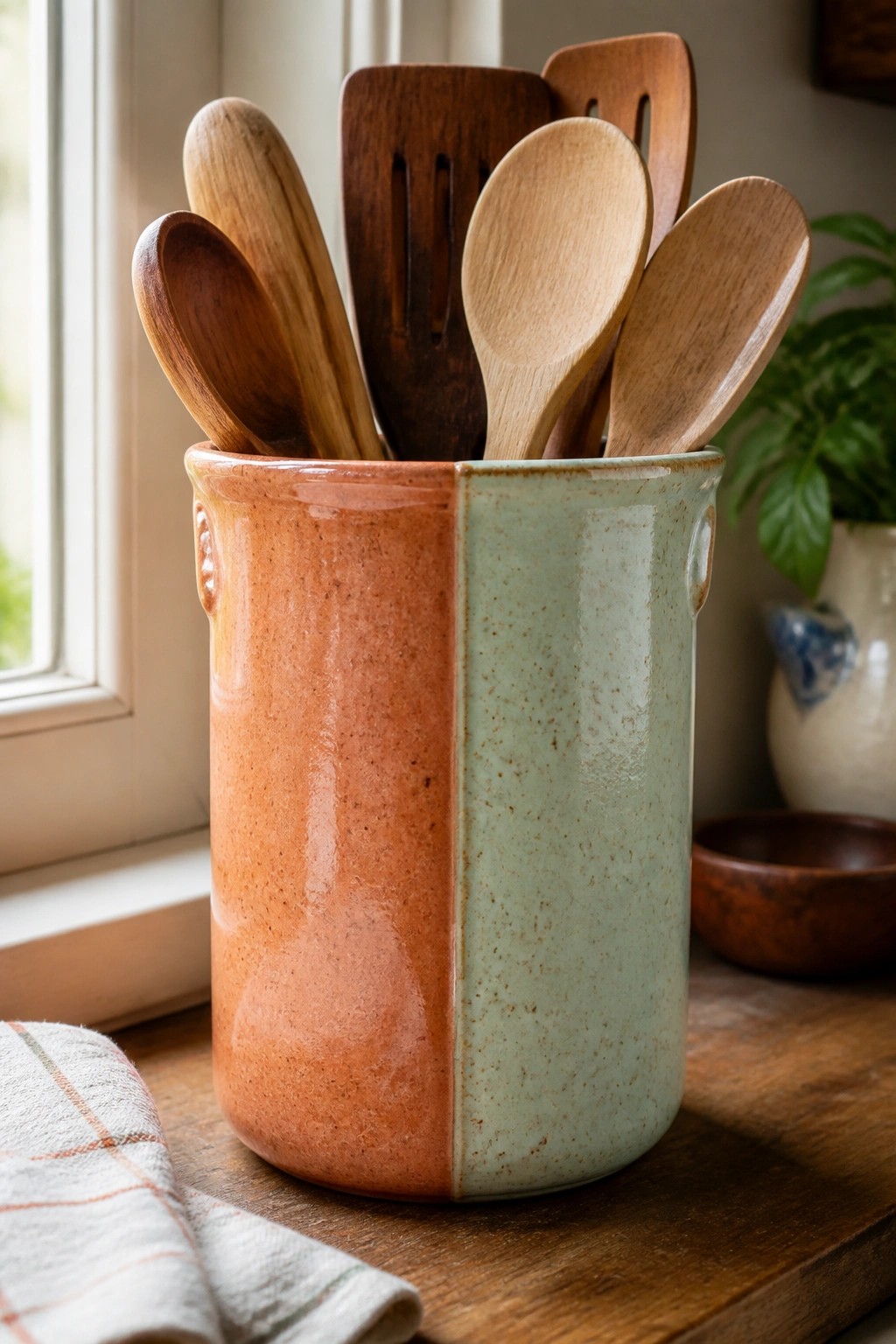 Two-toned orange and green ceramic crock filled with wooden kitchen utensils.