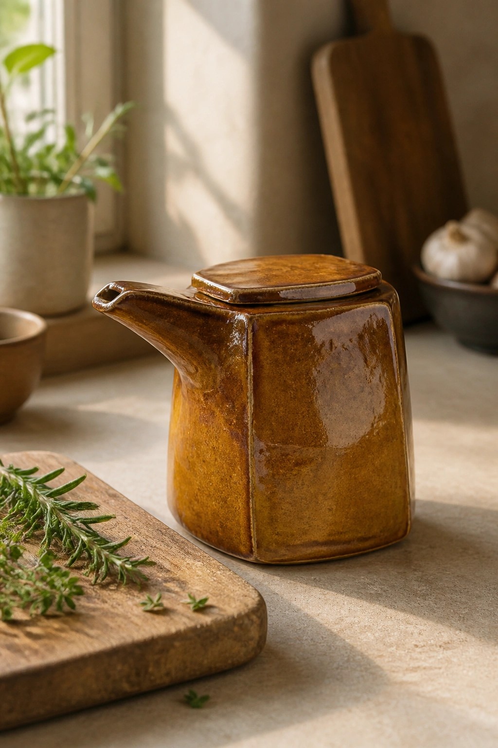 Brown ceramic teapot with lid beside wooden board topped with fresh herbs.