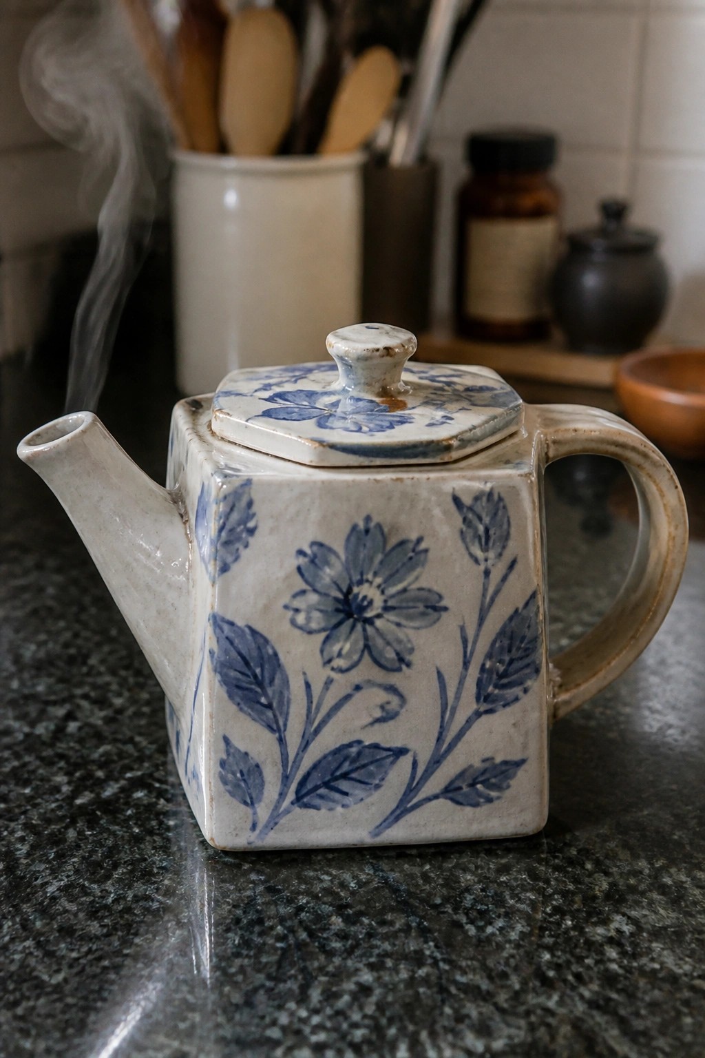 Square white ceramic teapot with blue floral patterns emitting steam on countertop
