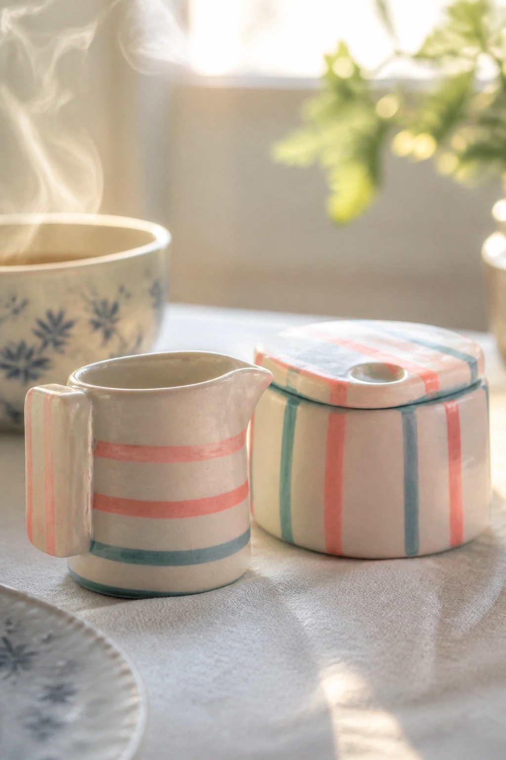 Striped ceramic creamer and lidded jar beside steaming floral bowl