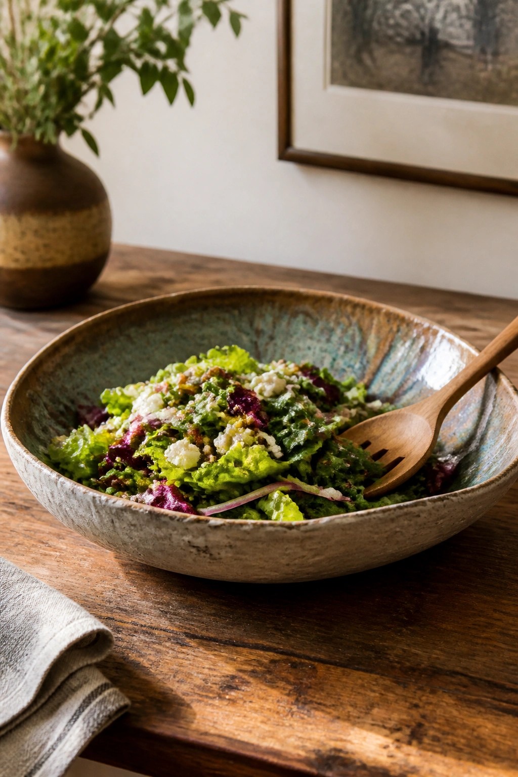 Mixed greens salad with cheese crumbles in ceramic bowl on wooden table with spoon