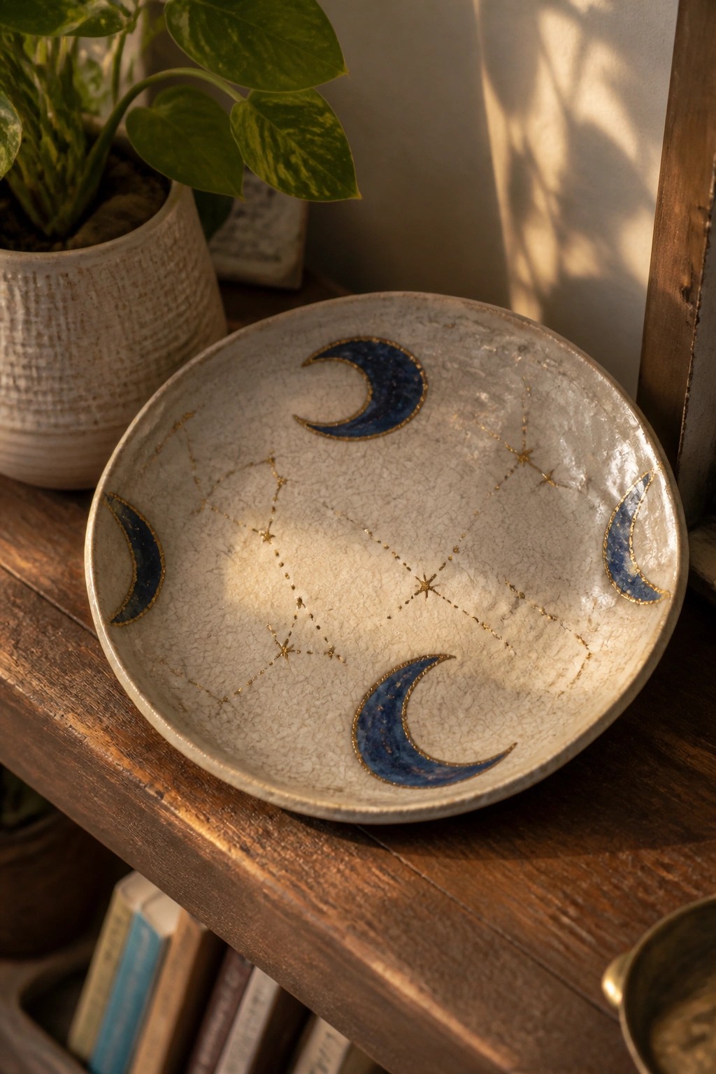 Crackled ceramic bowl with blue crescent moons and gold constellations on wood