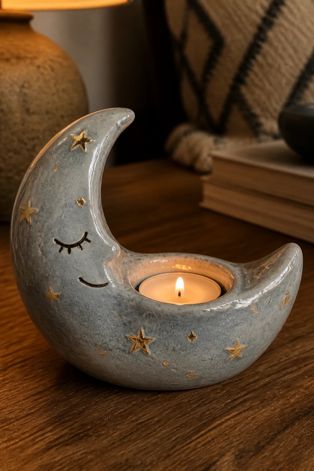 Ceramic crescent moon candle holder with smiling face, gold stars, and lit tea light.