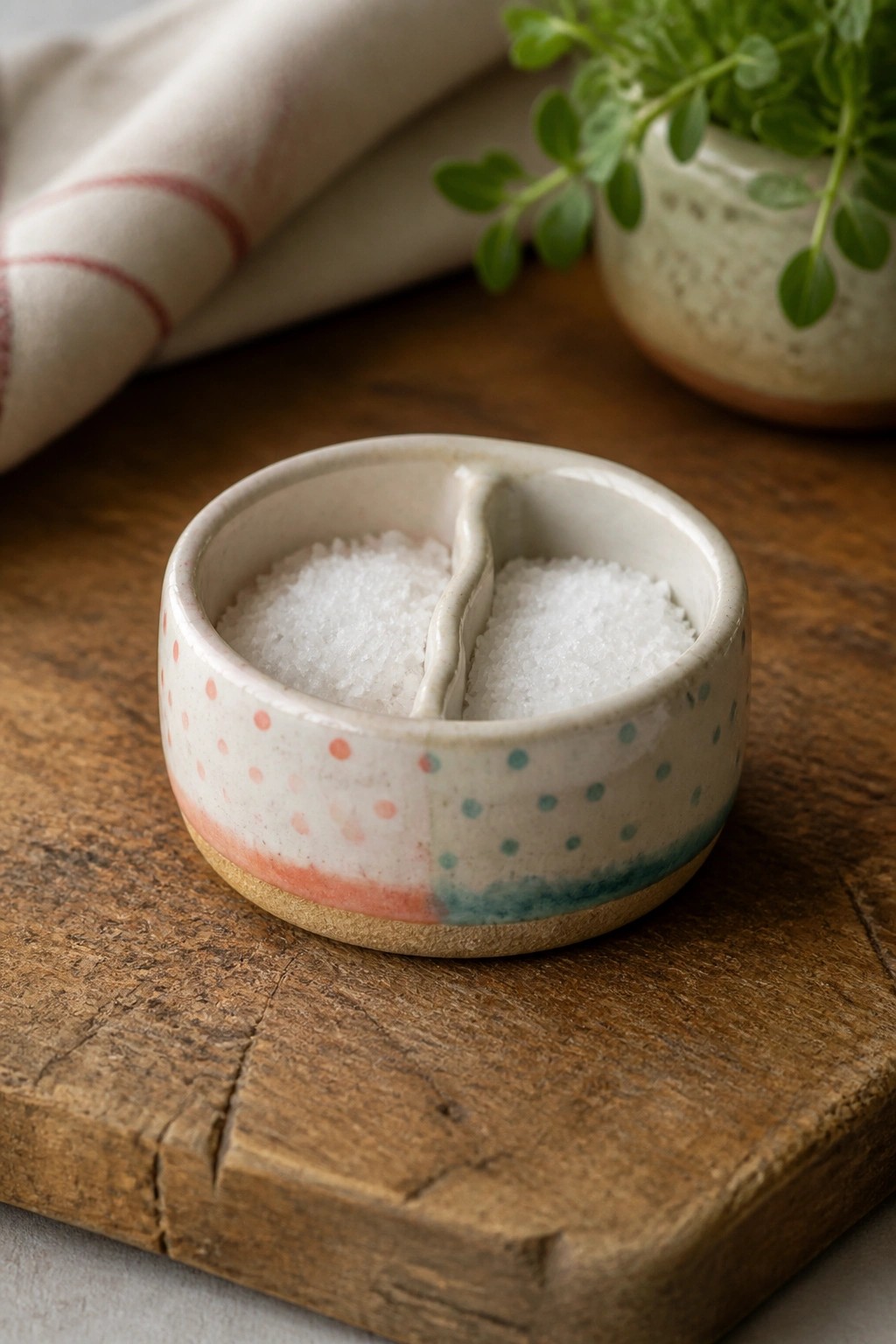 Divided ceramic bowl with pink and teal dots holding white salt on wood