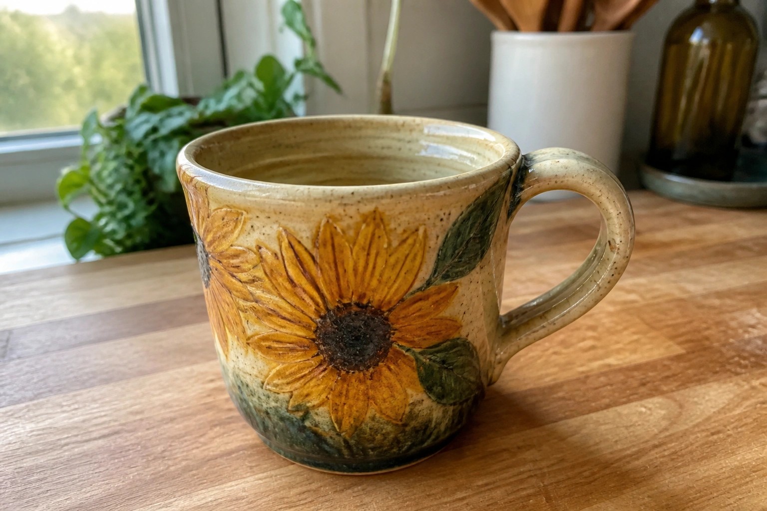 Sunflower-painted ceramic mug on sunlit wooden table with oranges nearby