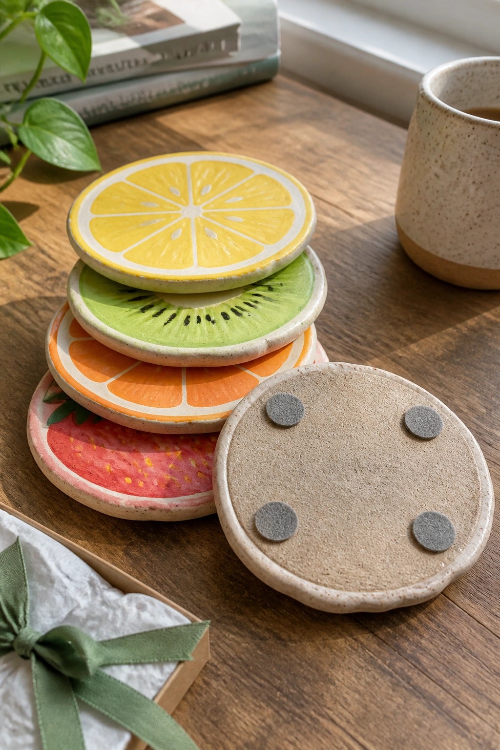 Stack of fruit slice ceramic coasters on wooden table with books and plant