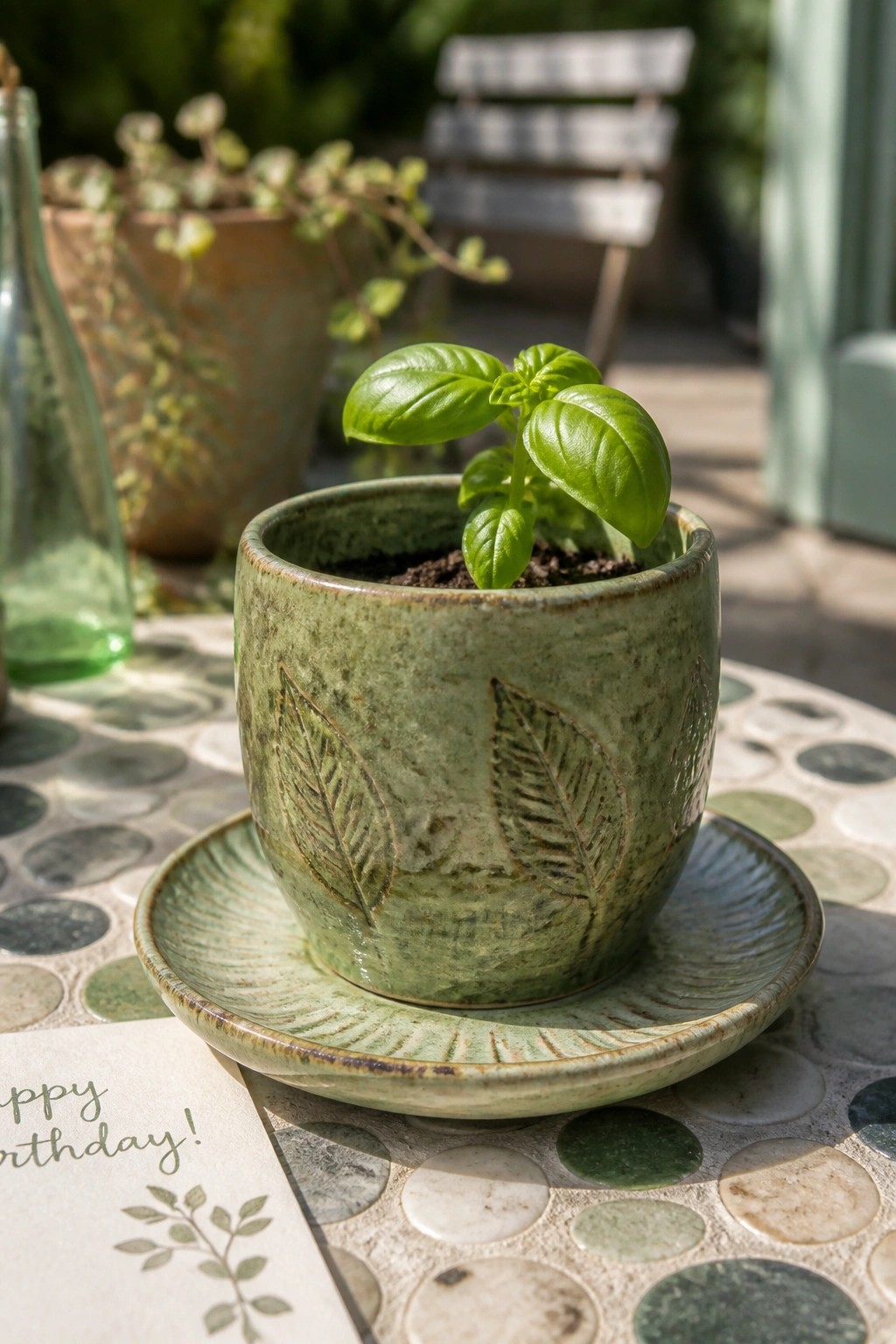 Basil plant in green ceramic pot with leaf designs beside birthday card on tiled table