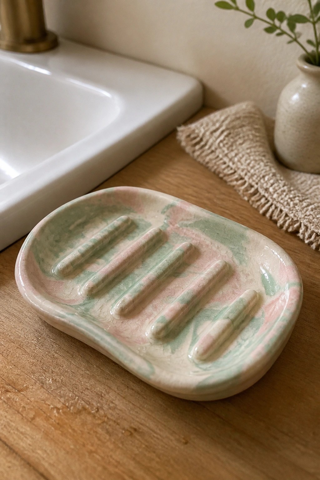 Marbled pink and green ceramic soap dish on wooden counter by white sink