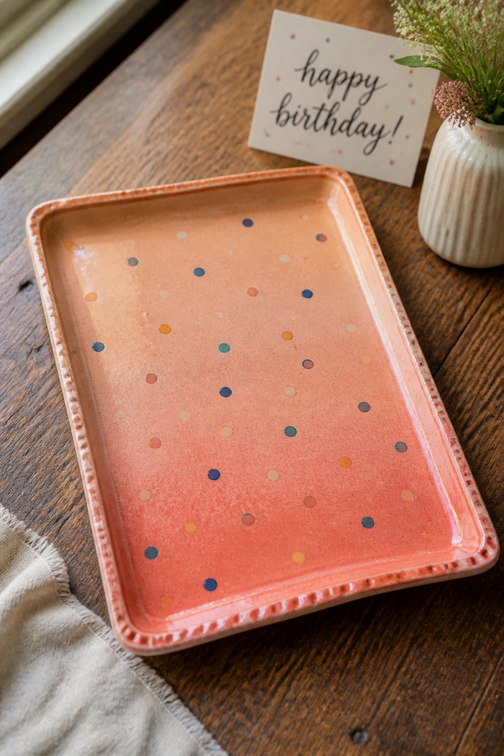 Coral polka dot ceramic tray beside birthday card and flower vase on wood