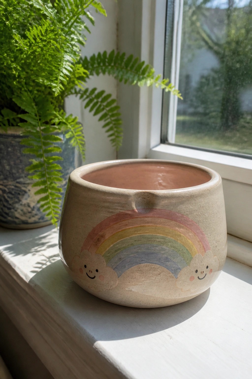 Handmade clay planter with rainbow and smiling clouds on sunny windowsill