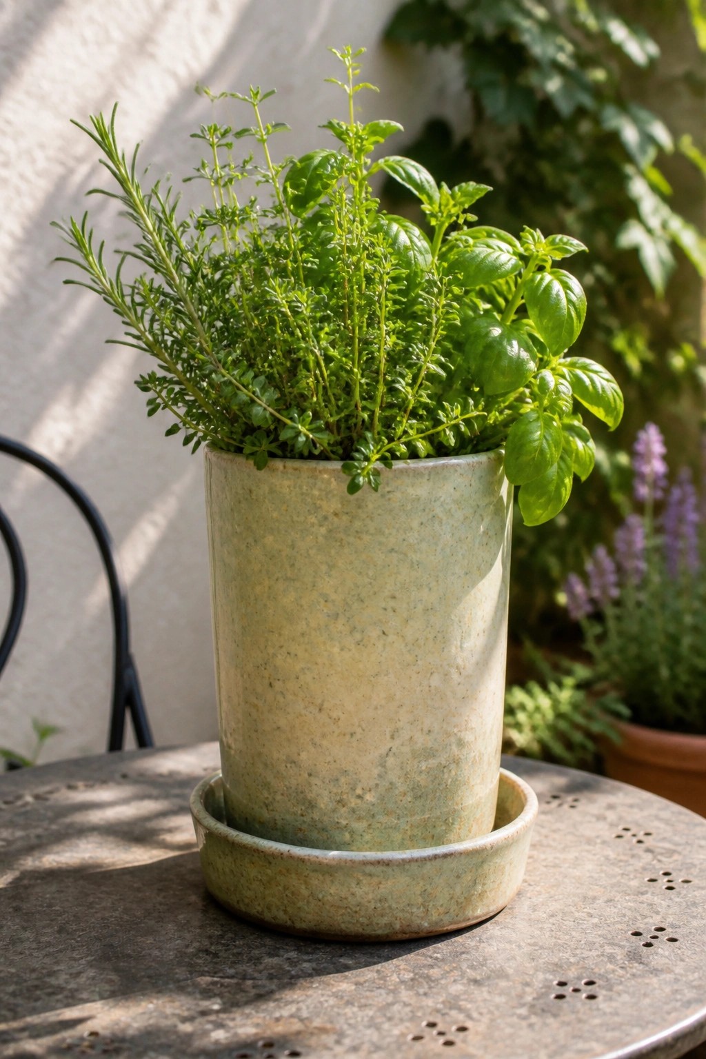 A speckled green ceramic cylindrical planter holding rosemary, thyme, and basil sits on a matching saucer on a metal table.