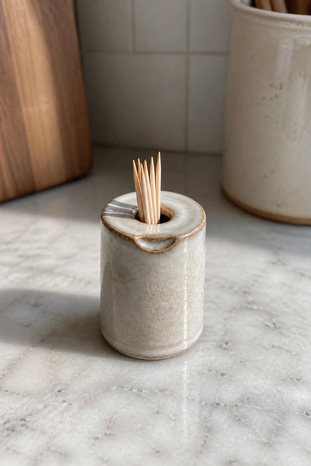 Ceramic toothpick holder with wooden picks on marble counter near cutting board