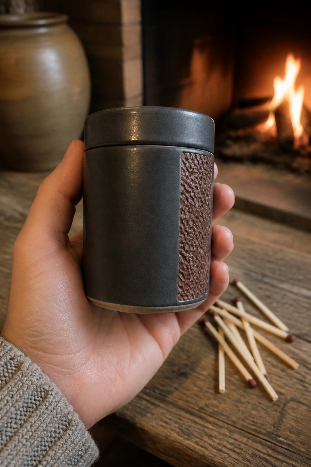 Hand in gray sweater holds dark ceramic jar with brown texture beside fireplace and matches.