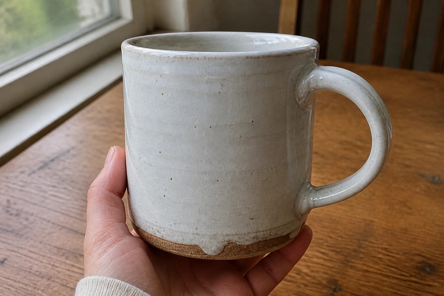 Hand in dark sleeve holding speckled beige ceramic mug on wooden table