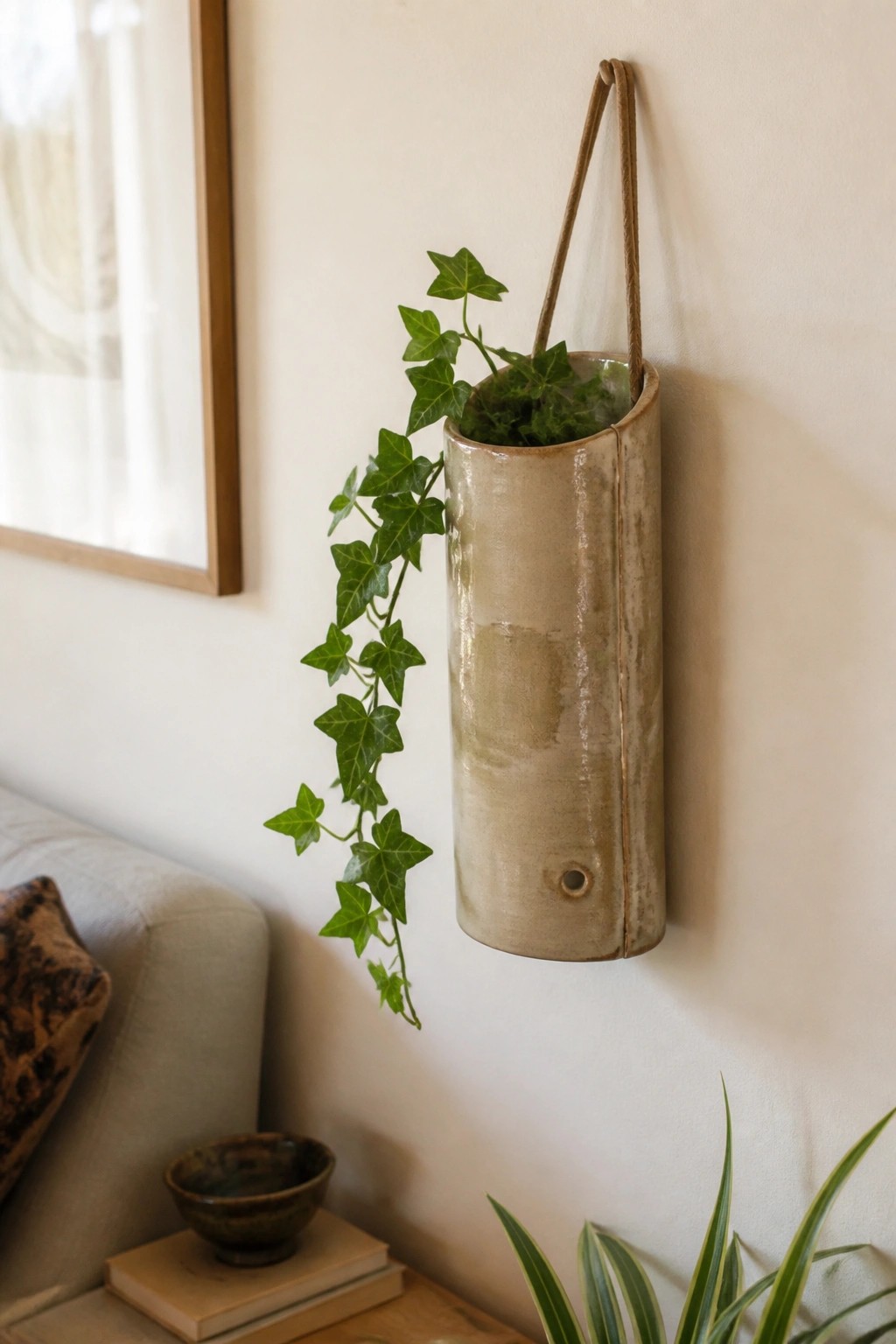Hanging beige ceramic vase with trailing green ivy on white wall