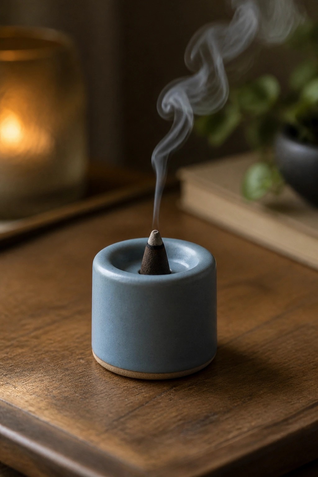 Burning incense cone in blue ceramic holder with swirling smoke on wooden table.