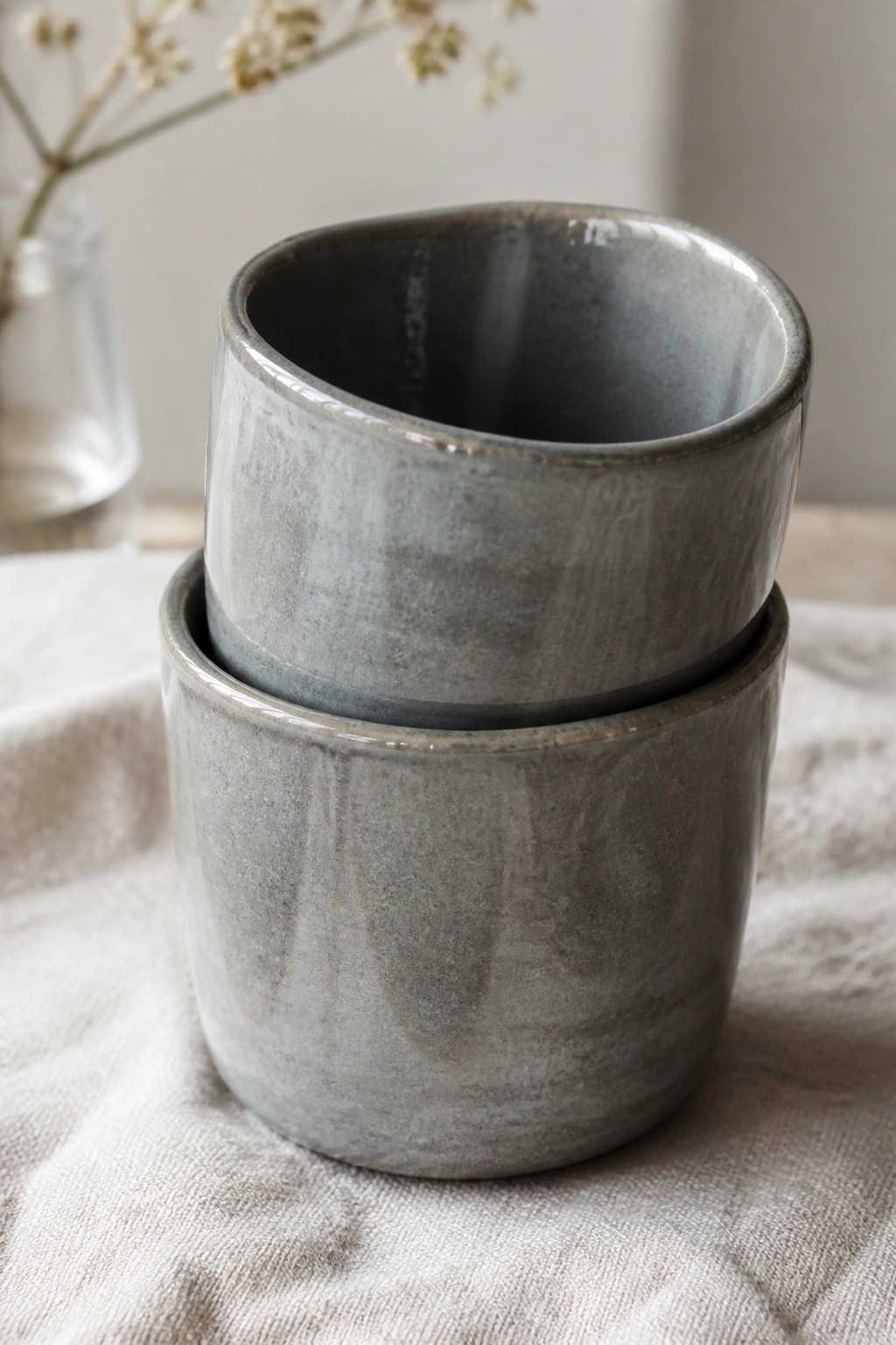 Two stacked gray ceramic bowls on beige linen with dried flowers in soft light