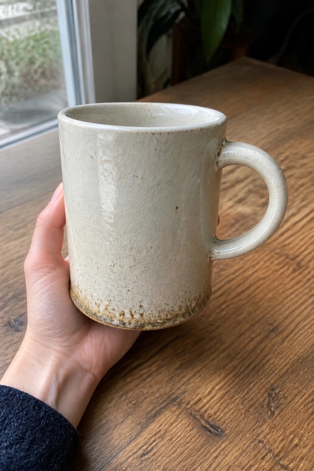 Hand in dark sleeve holding speckled beige ceramic mug on wooden table