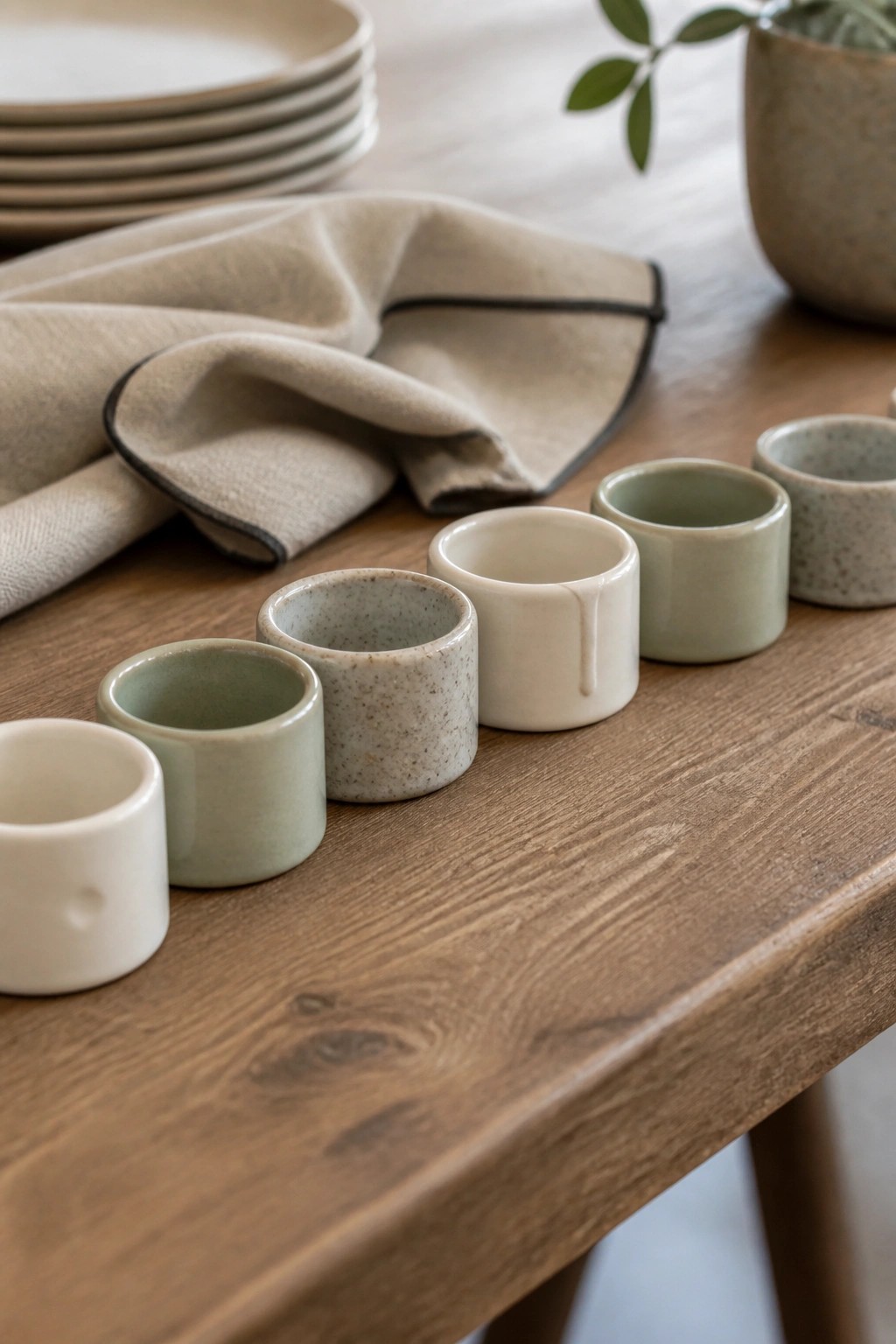 Assorted ceramic cups and beige napkin on rustic wooden table