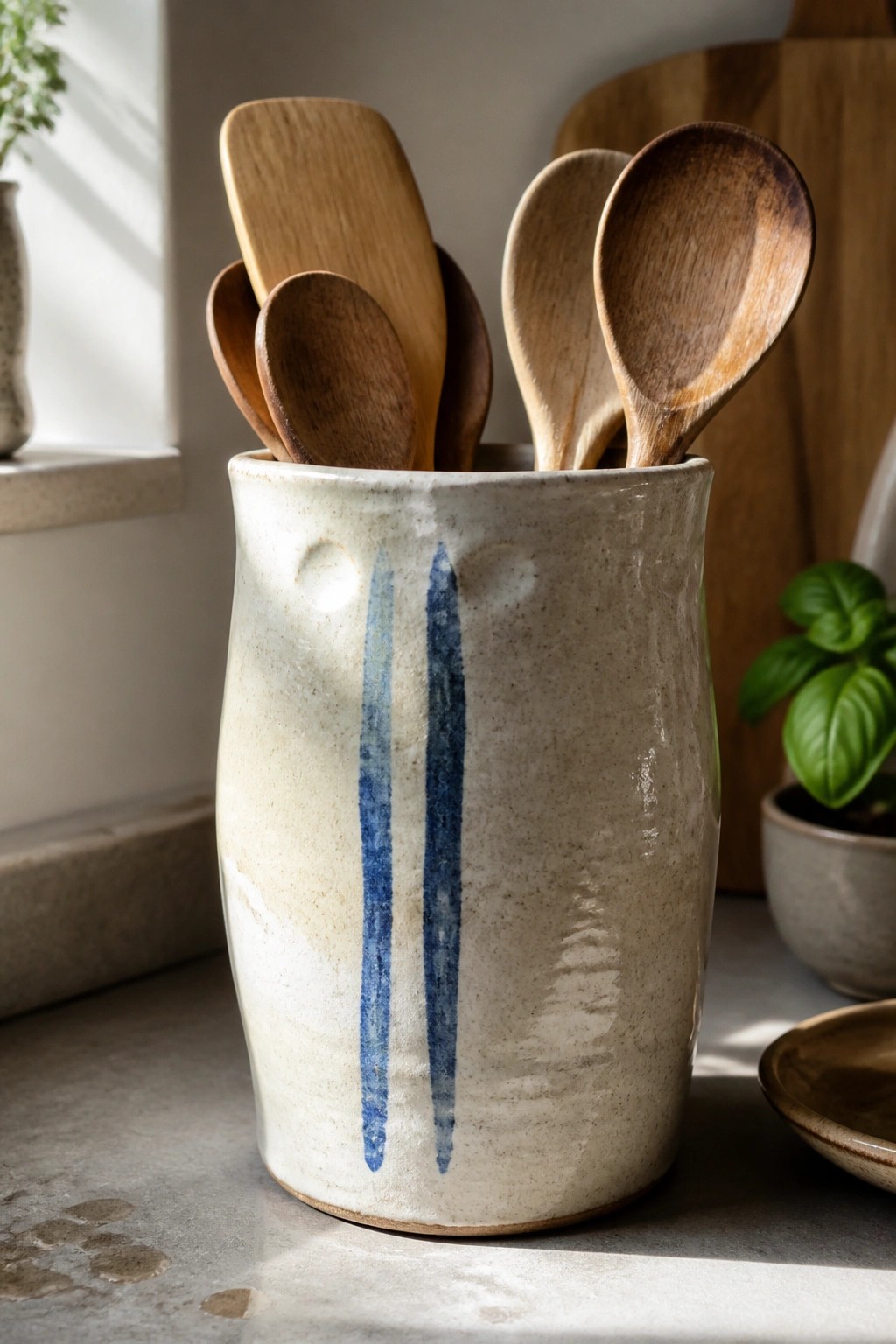Ceramic holder with blue stripes filled with wooden spoons on kitchen counter