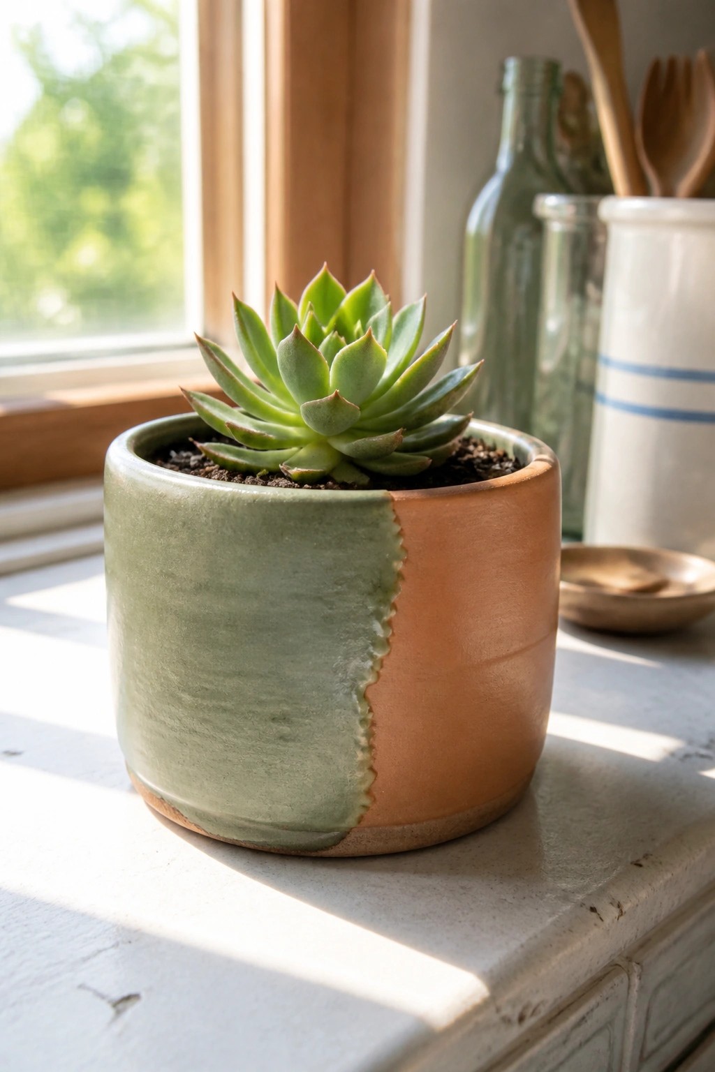 Succulent in a split green and terracotta ceramic pot on a sunlit windowsill