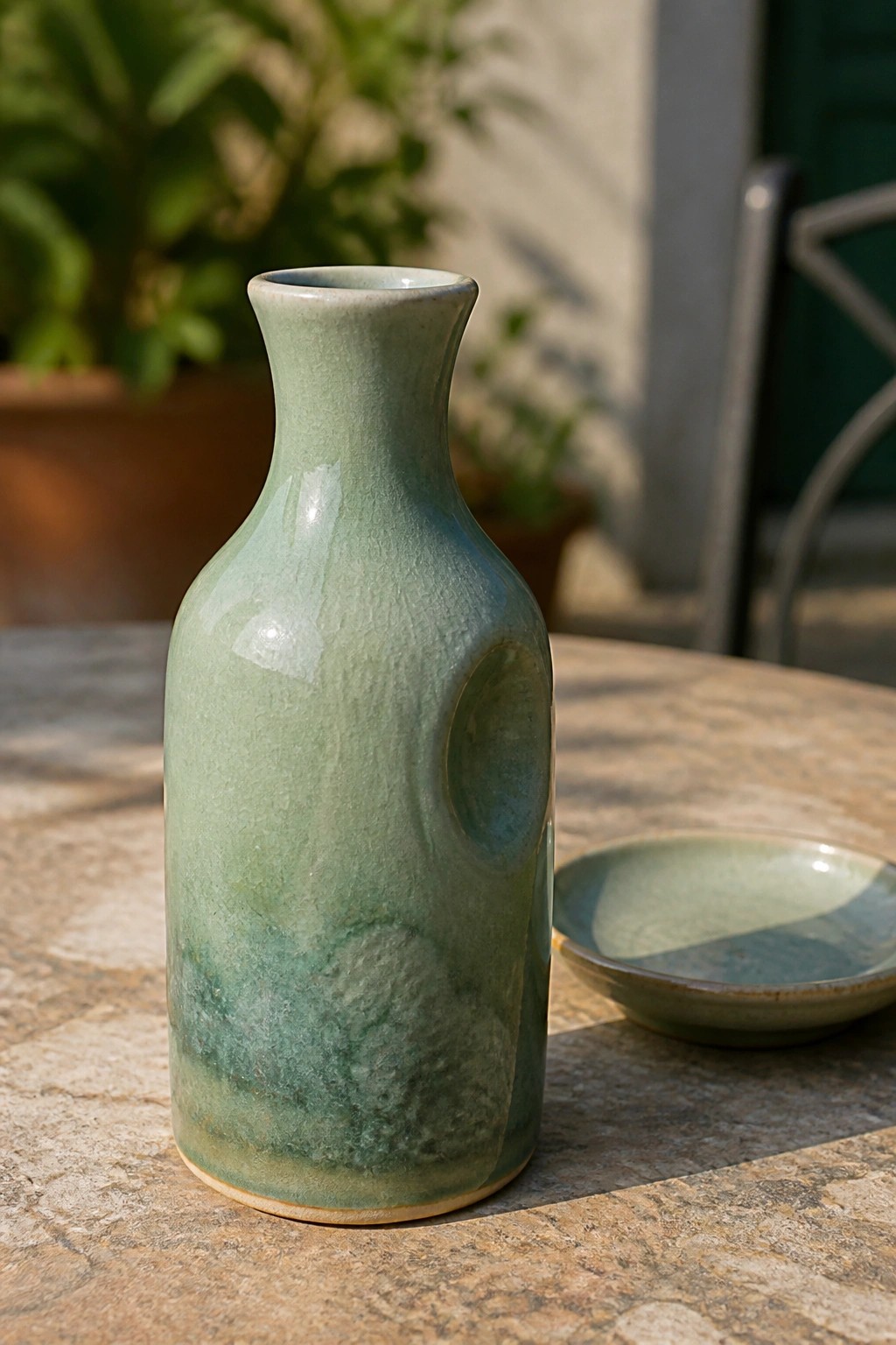 Green ceramic vase and small bowl on sunlit stone table
