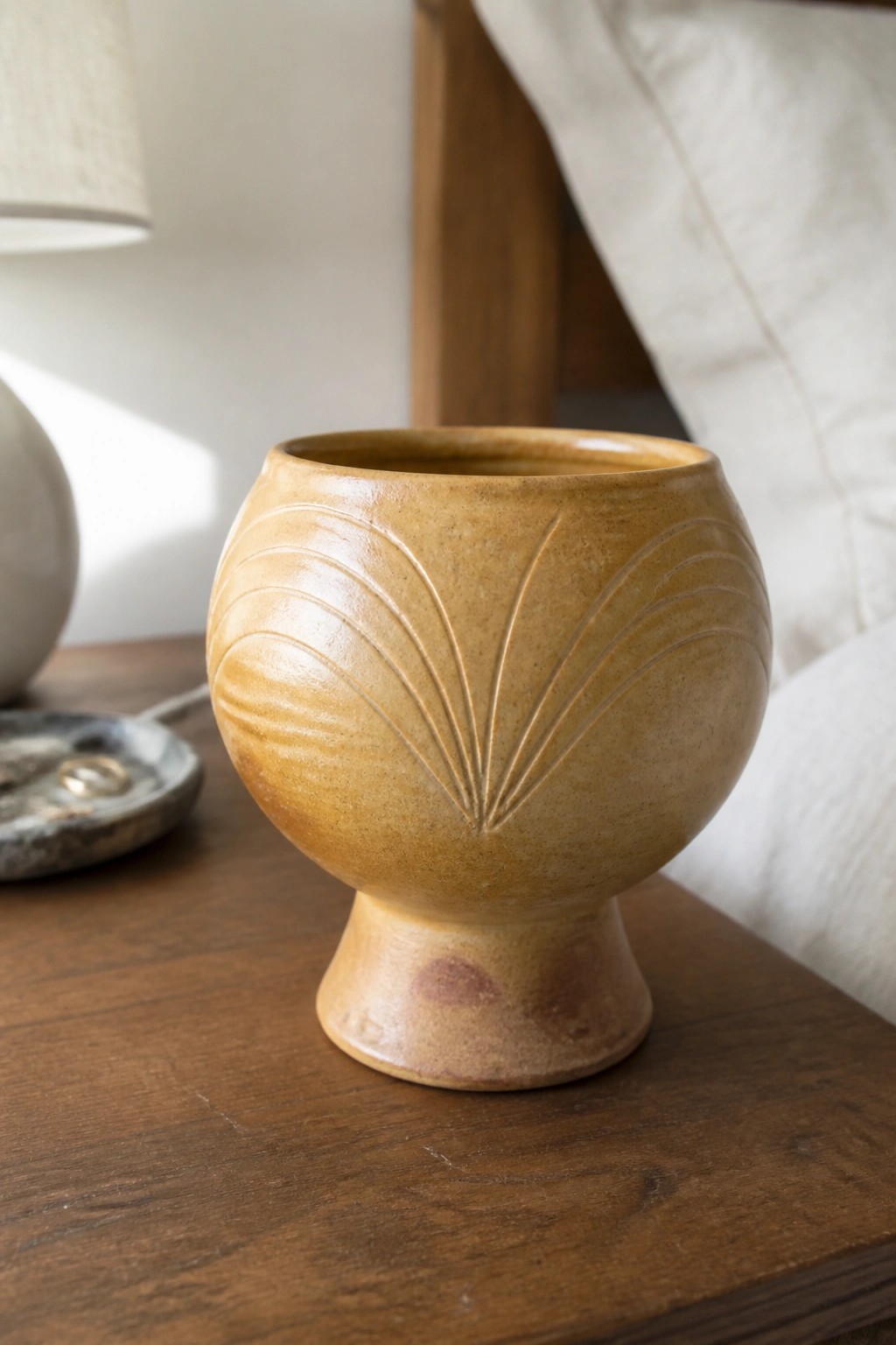 Tan glazed ceramic bowl with fan pattern on wooden bedside table