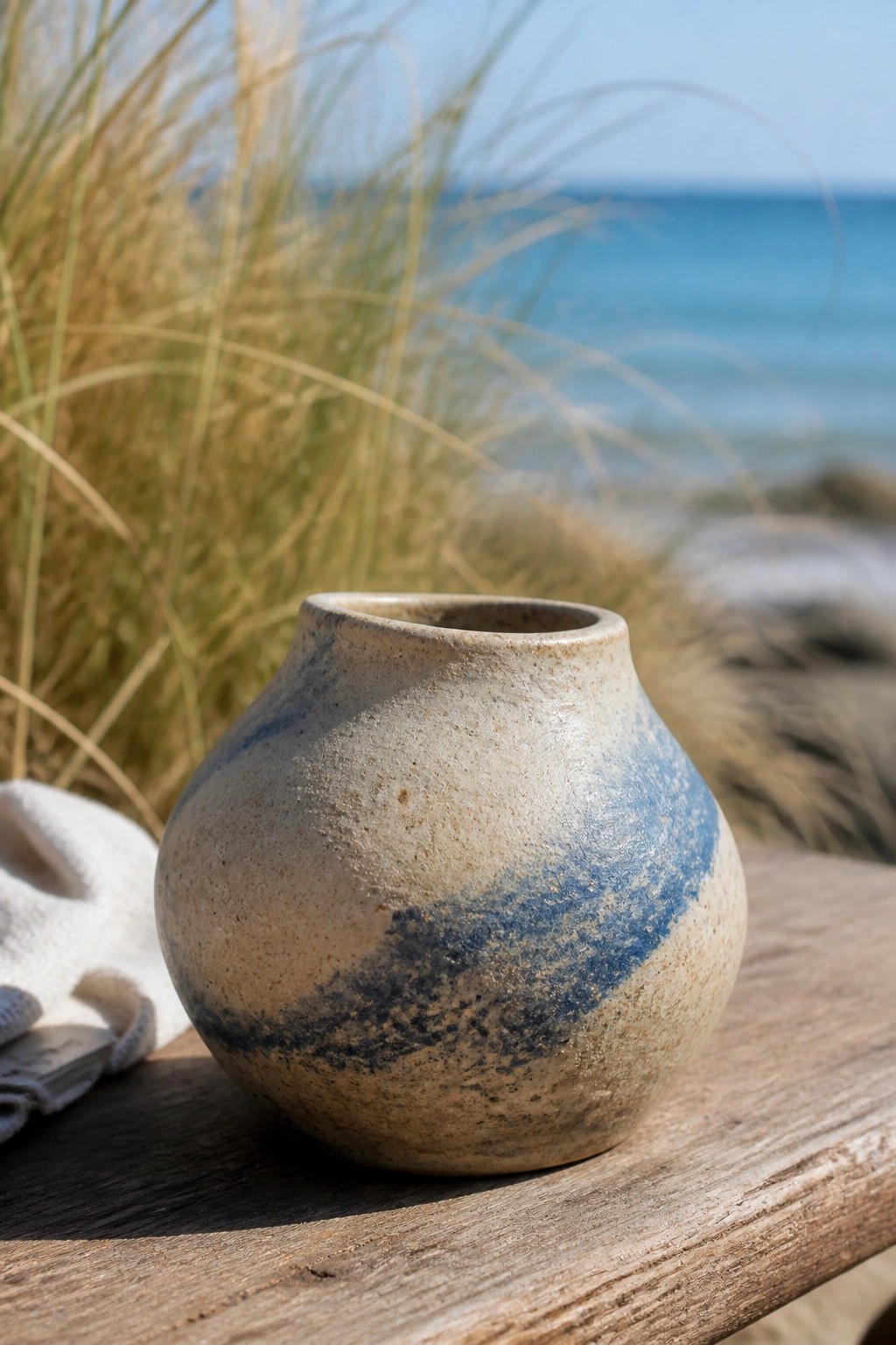 Beige ceramic vase with blue band on wooden table near sea and grass