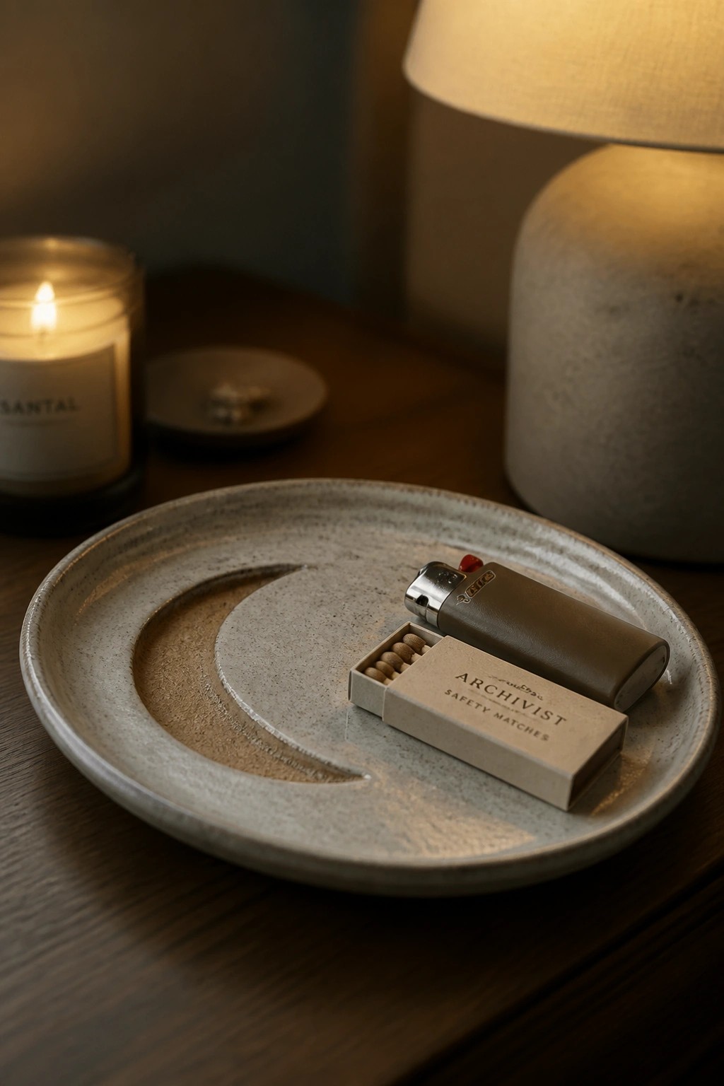 Lighter and open matchbox on crescent moon ceramic plate beside lit candle.